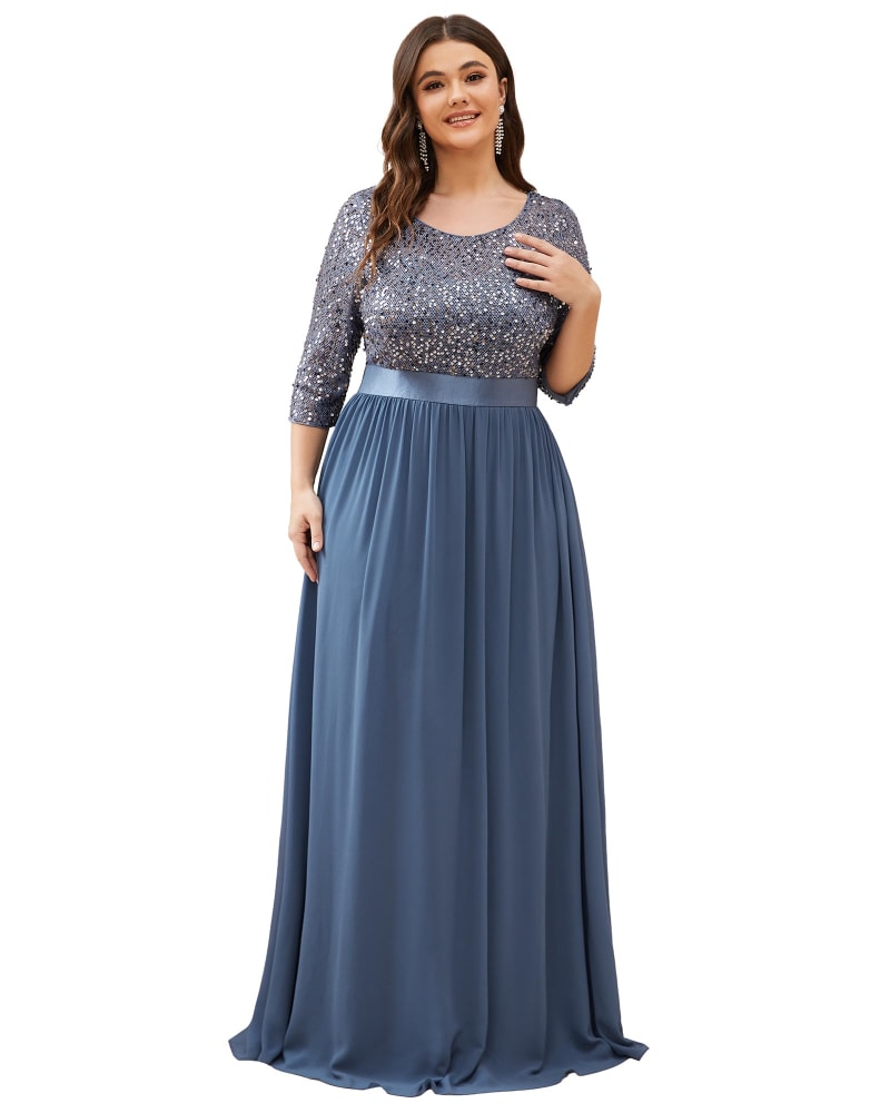 Front of a model wearing a size 10 3/4 Sleeves Round Neck Evening Dress With Sequin Bodice in Dusty Navy by Ever-Pretty. | dia_product_style_image_id:287248